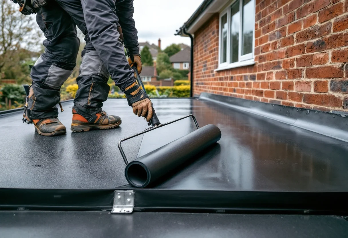 Rolling EPDM rubber membrane onto a domestic flat garage roof